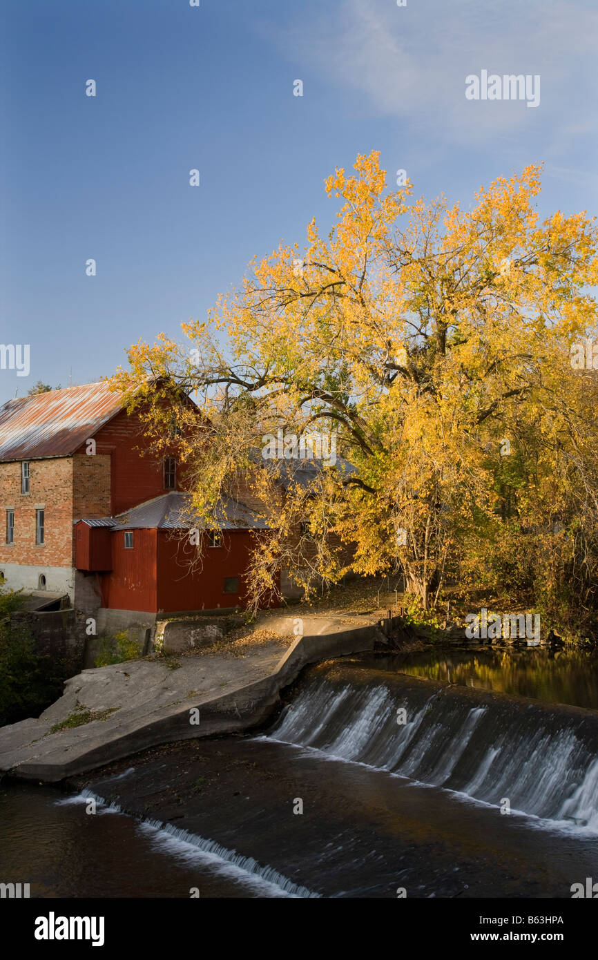 historic Lidtke Mill above the Upper Iowa River, Lime Springs, Iowa Stock Photo