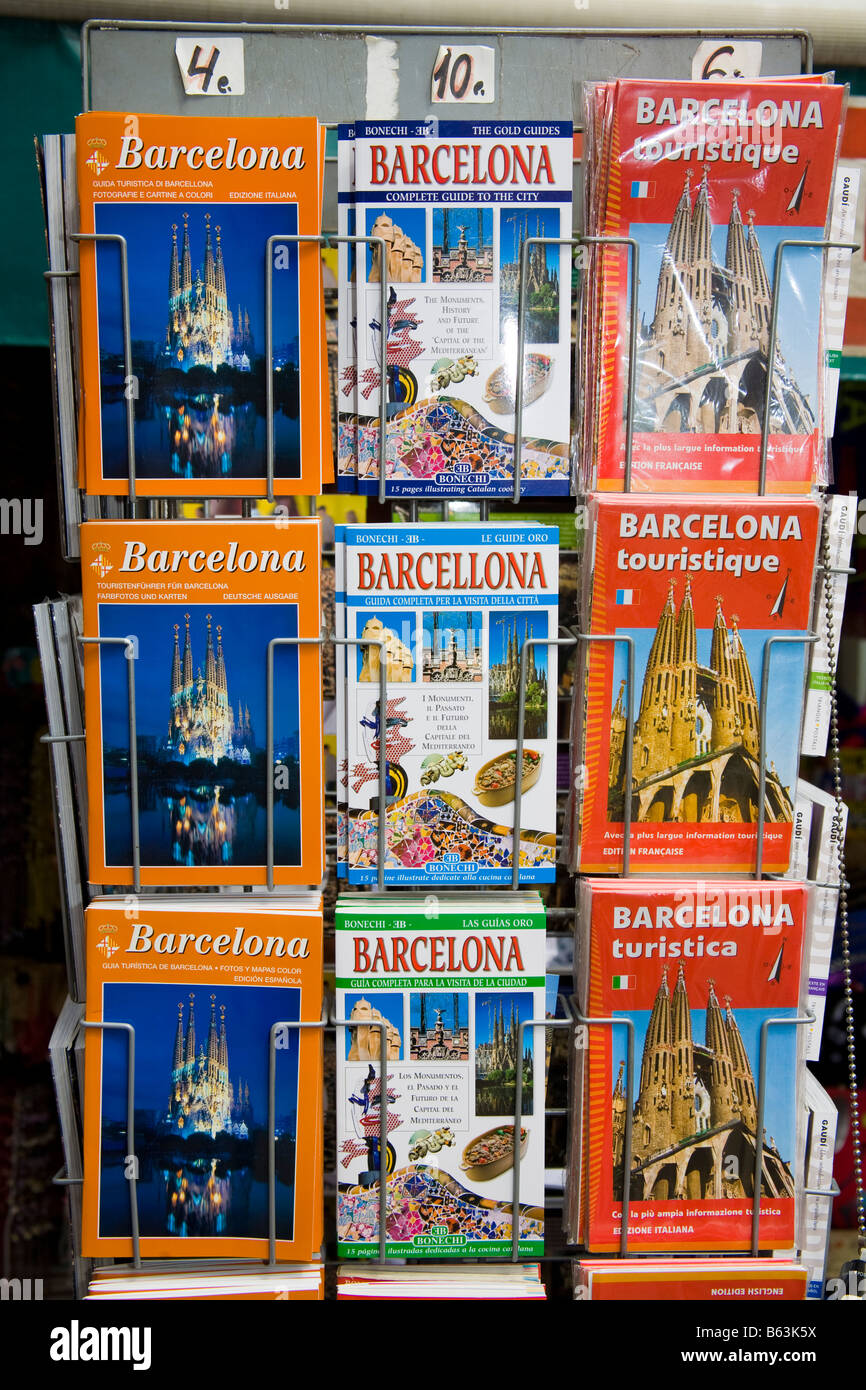 Barcelona guide books on display outside a shop, La Rambla, Barcelona