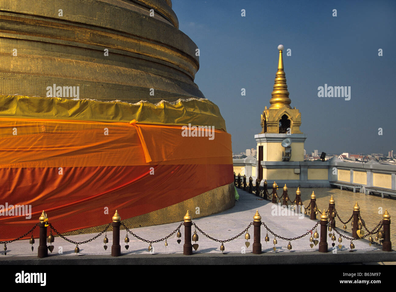 A decorated golden stupa at the Golden Mount or Mountain which rises above Wat Saket, Bangkok, Thailand Stock Photo