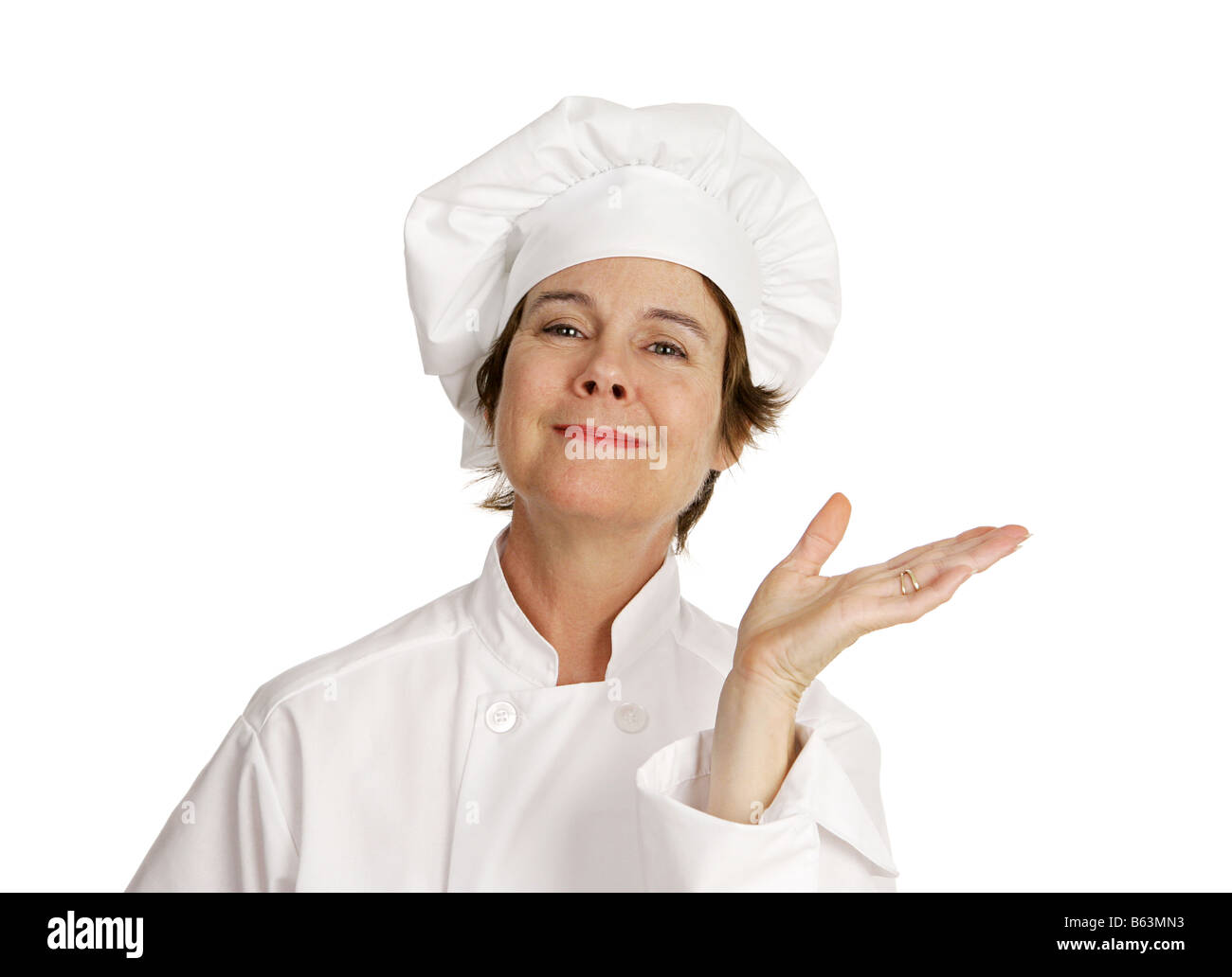 A cute female chef waving her hand in a gesture of presentation ...