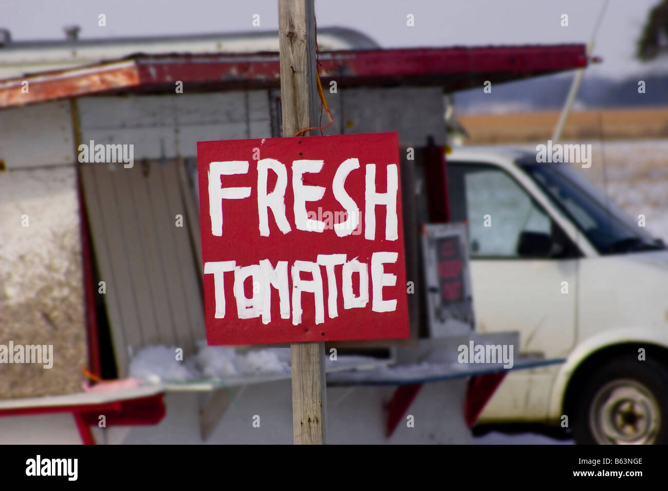A hand painted sign along  the highway advertises 'Fresh Tomatoe' in the middle of Winter. Stock Photo
