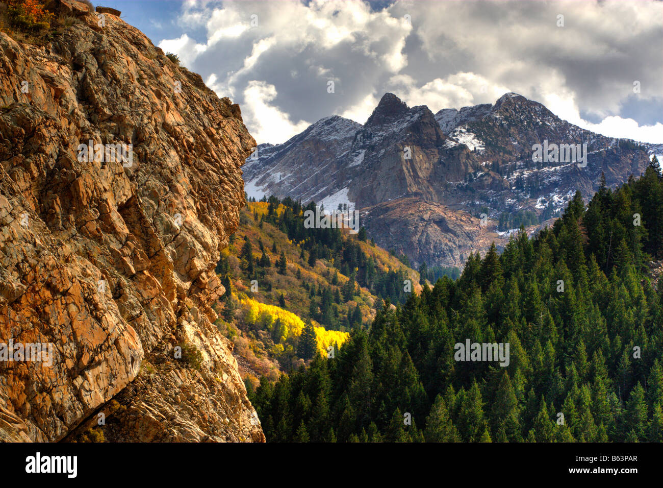 First autumn snow on Sundail Peak in Big Cottonwood Canyon part of the Wasatch Mountains in northern Utah USA Stock Photo