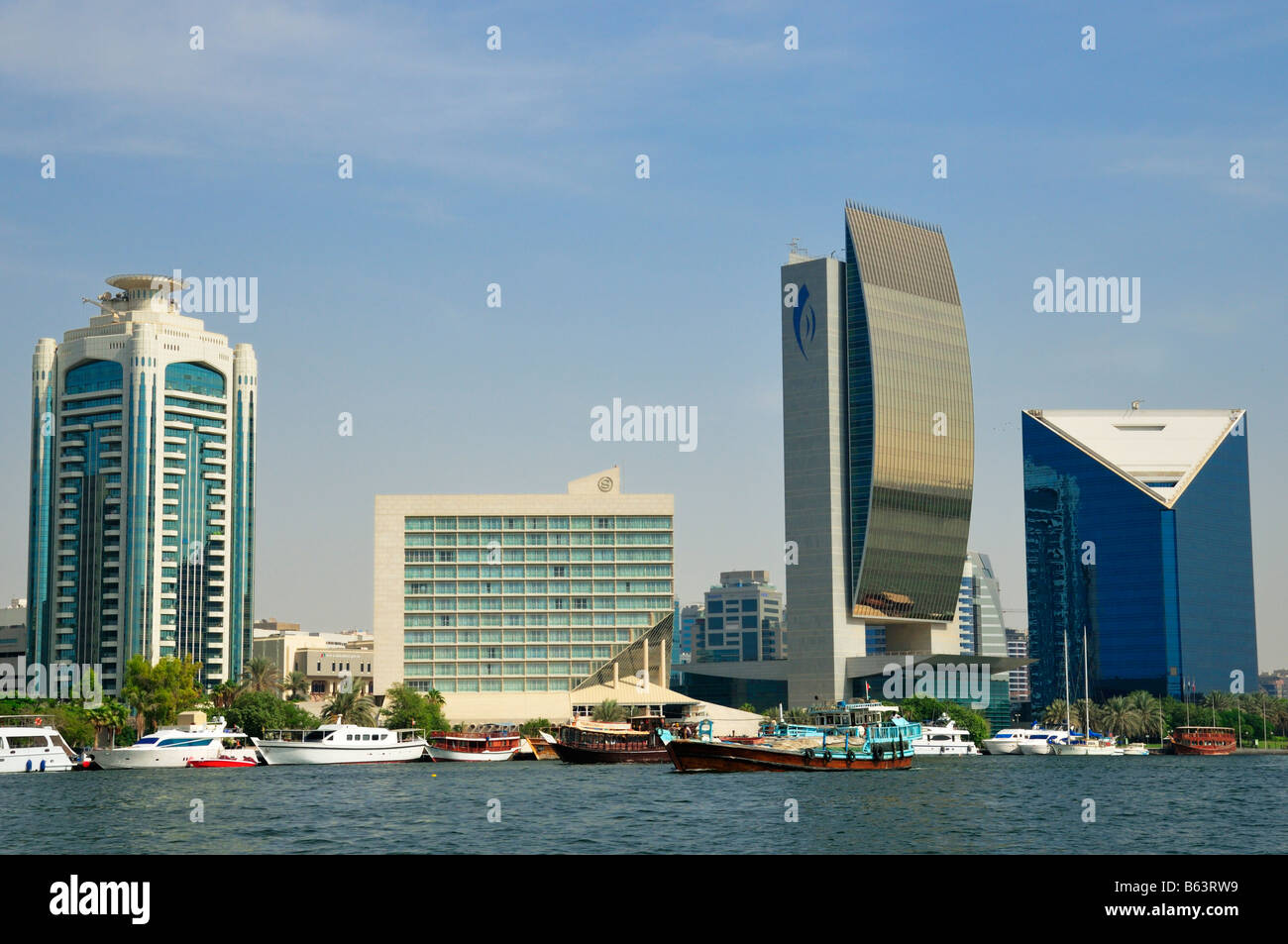 The Sheraton, the Emirates National Bank of Dubai, Creek Tower, and The Chamber of Commerce and Industry, Dubai Deira UAE Stock Photo