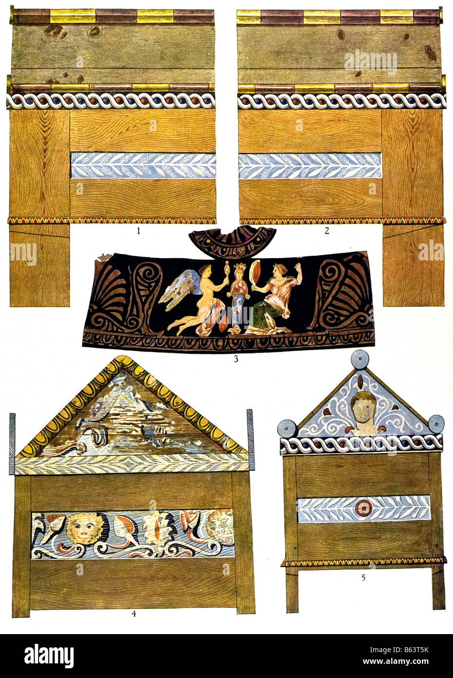 The Greek Ornament / Painted Greek wooden coffins of the time Alexander the Great from Akibur. Stock Photo