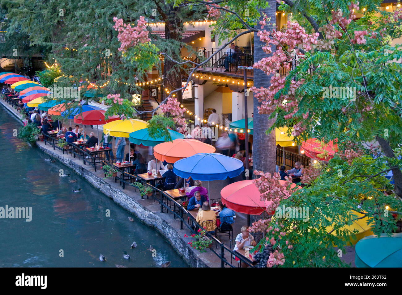 San Antonio Riverwalk, river side Casa Rio Restaurant in evening Stock Photo