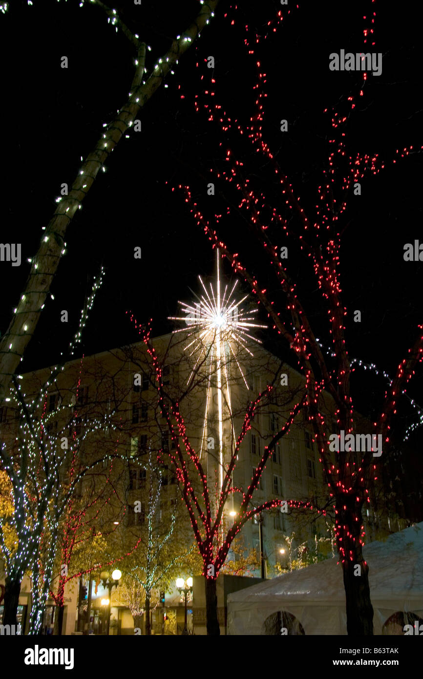 Holiday Lights frame the Nordstrom star in Westlake Center in downtown