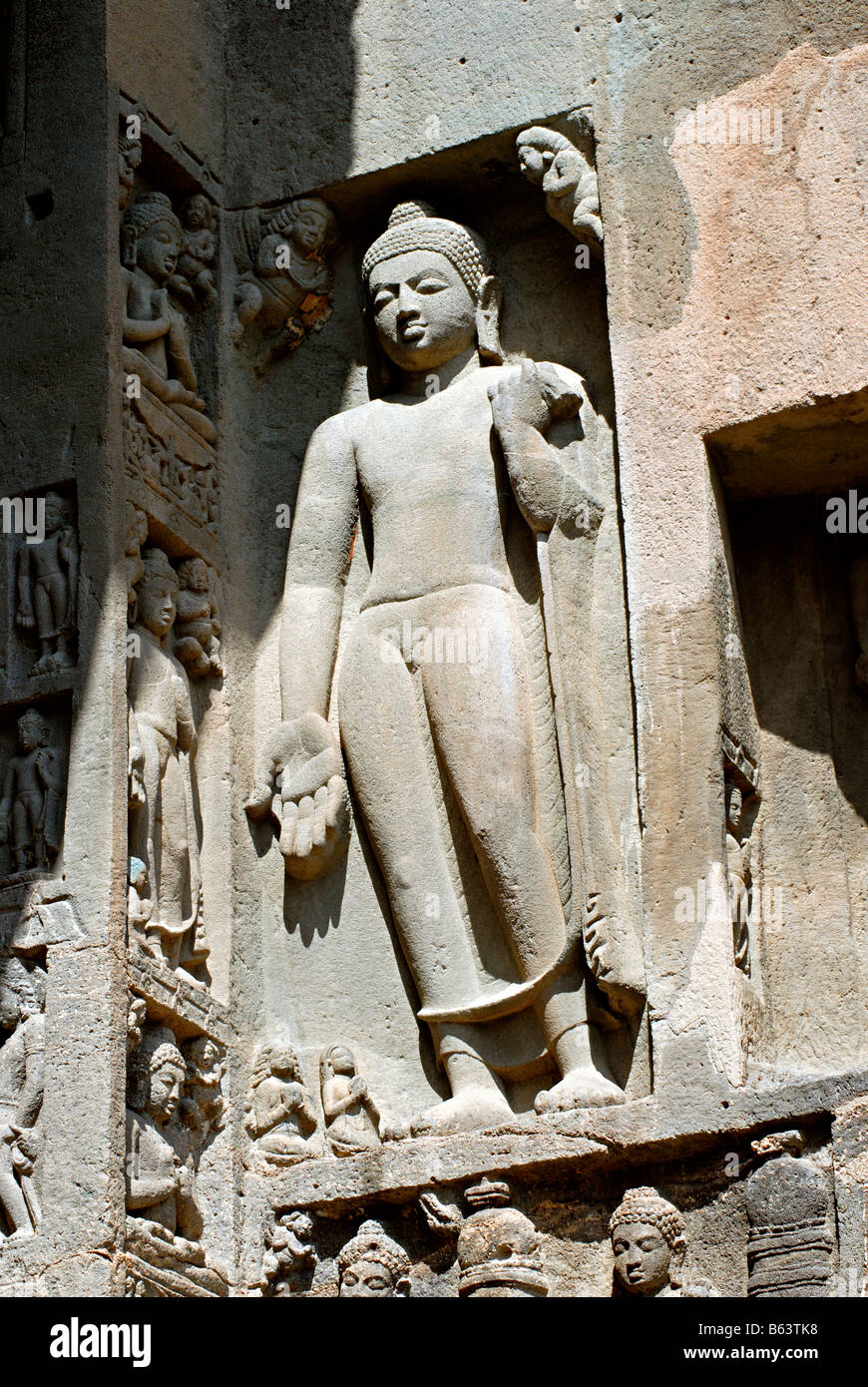 Buddha in Varadamudra, left wing facade of cave No. 19 Janata Caves , Aurangabad, India Stock Photo