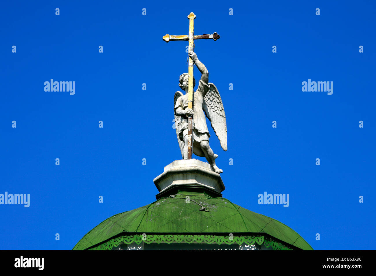 Statue of an angel on top of the 18th century Savior Church at Kuskova