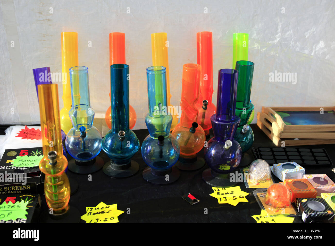 Bongs or water Pipes for sale on a market stall often used for smoking