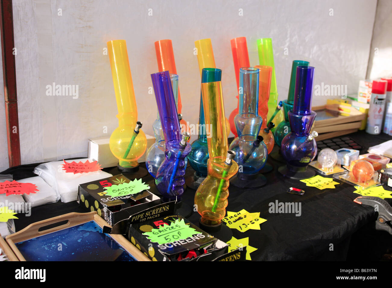 Bongs or water Pipes for sale on a market stall often used for smoking