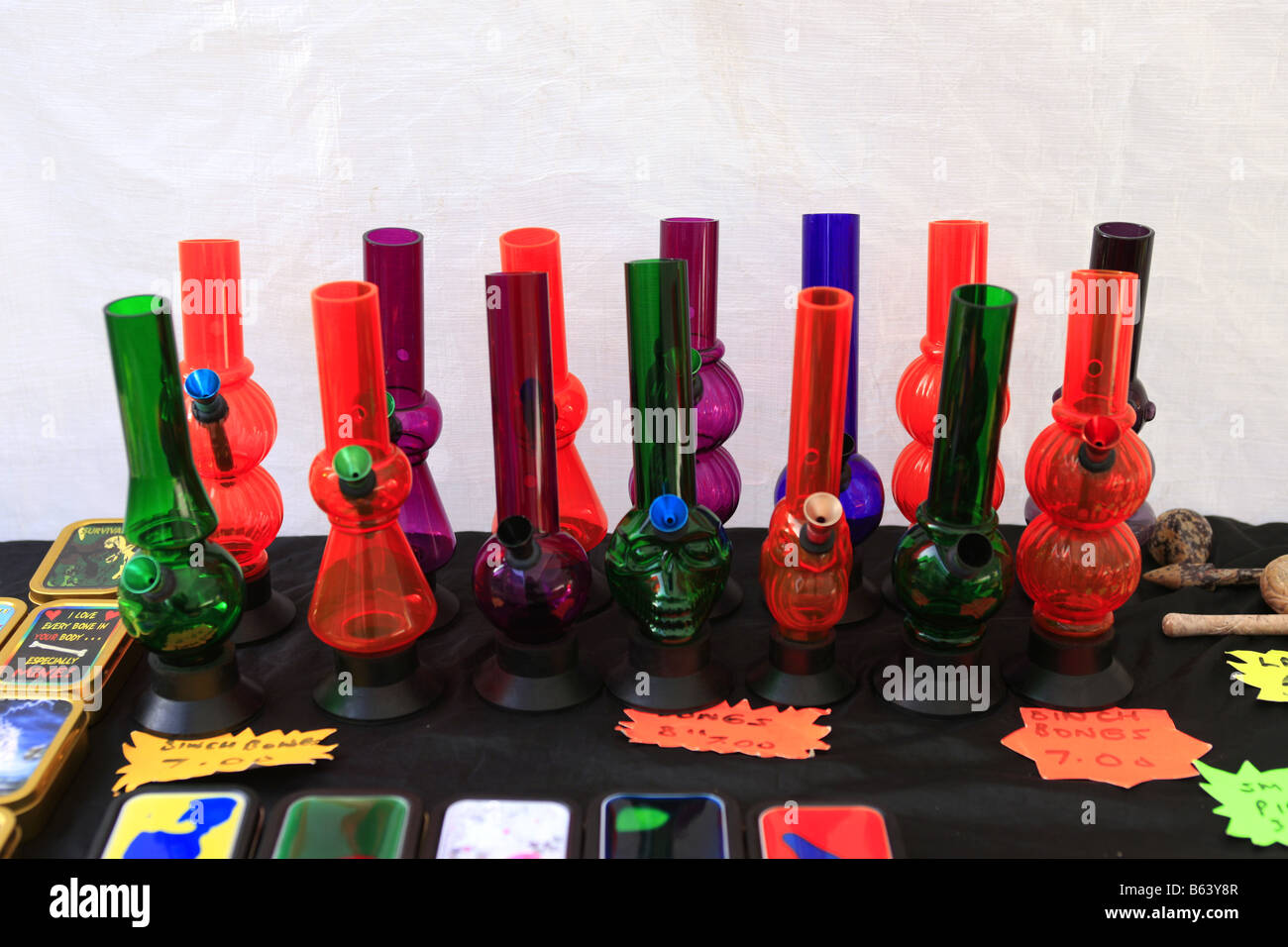 Bongs or water Pipes for sale on a market stall often used for smoking