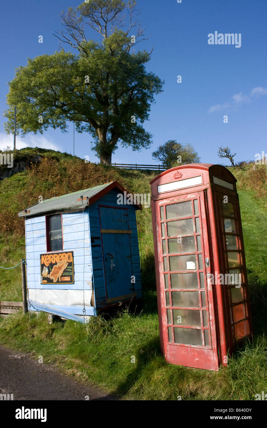 Phonebox and Shed on the Island of Kerrera, Scotland, Autumn 2008. Stock Photo