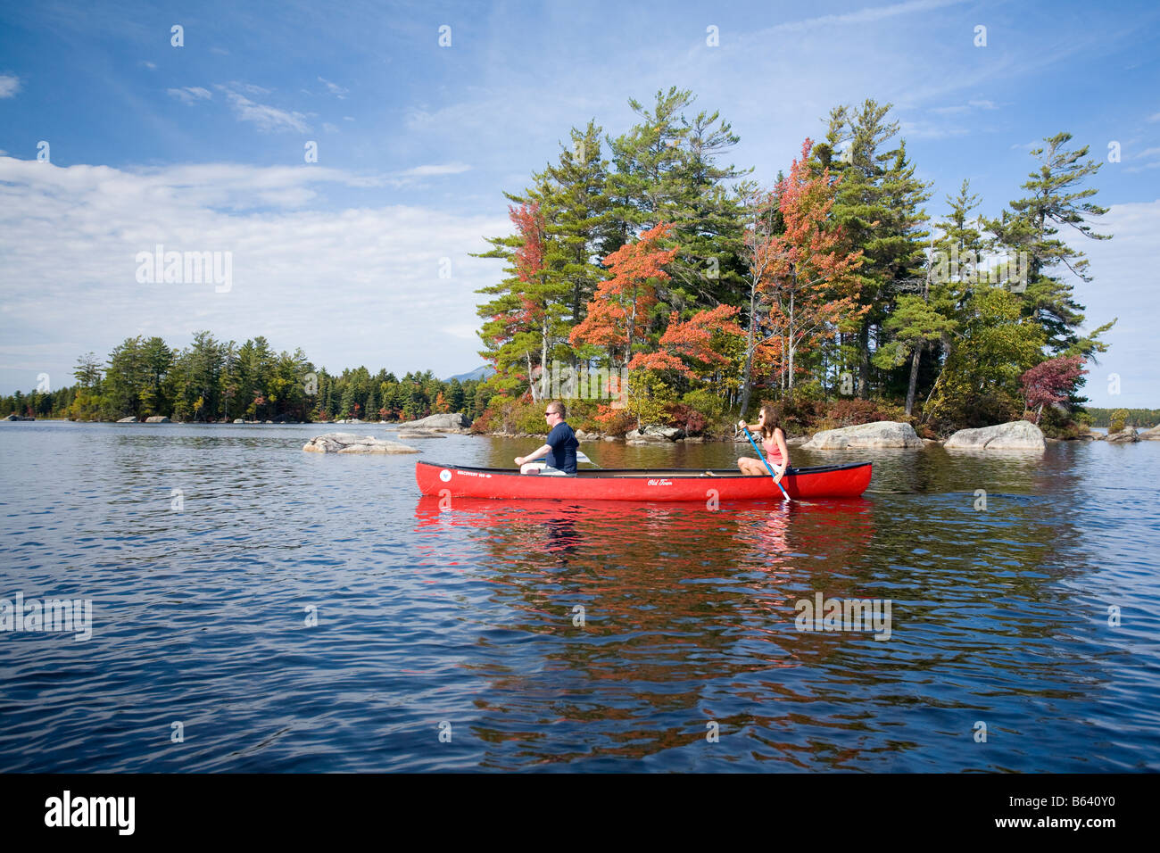 Autumn canoeing on Quakish Lake, Millinocket, Maine, New England, USA Stock Photo
