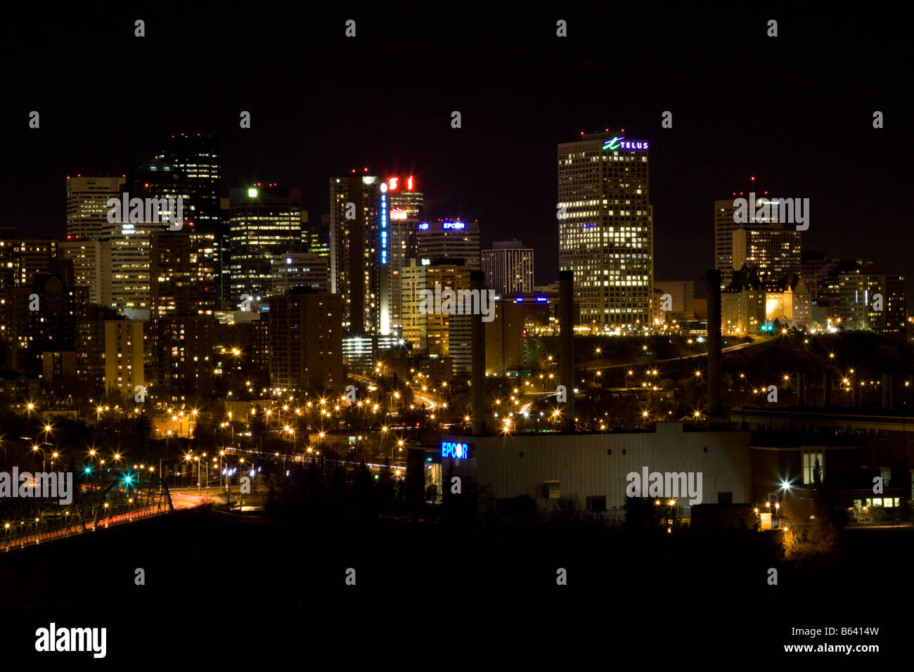 Edmonton skyline at night seen from across the North Saskatchewan River Stock Photo
