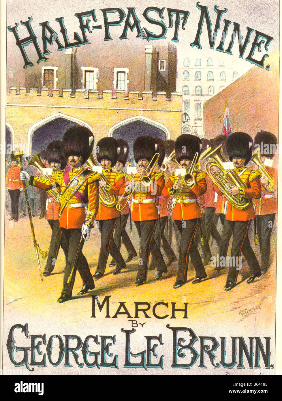 Chromolithographed Victorian music cover titled Half-Past Nine showing a regimental band marching past 1894 Stock Photo