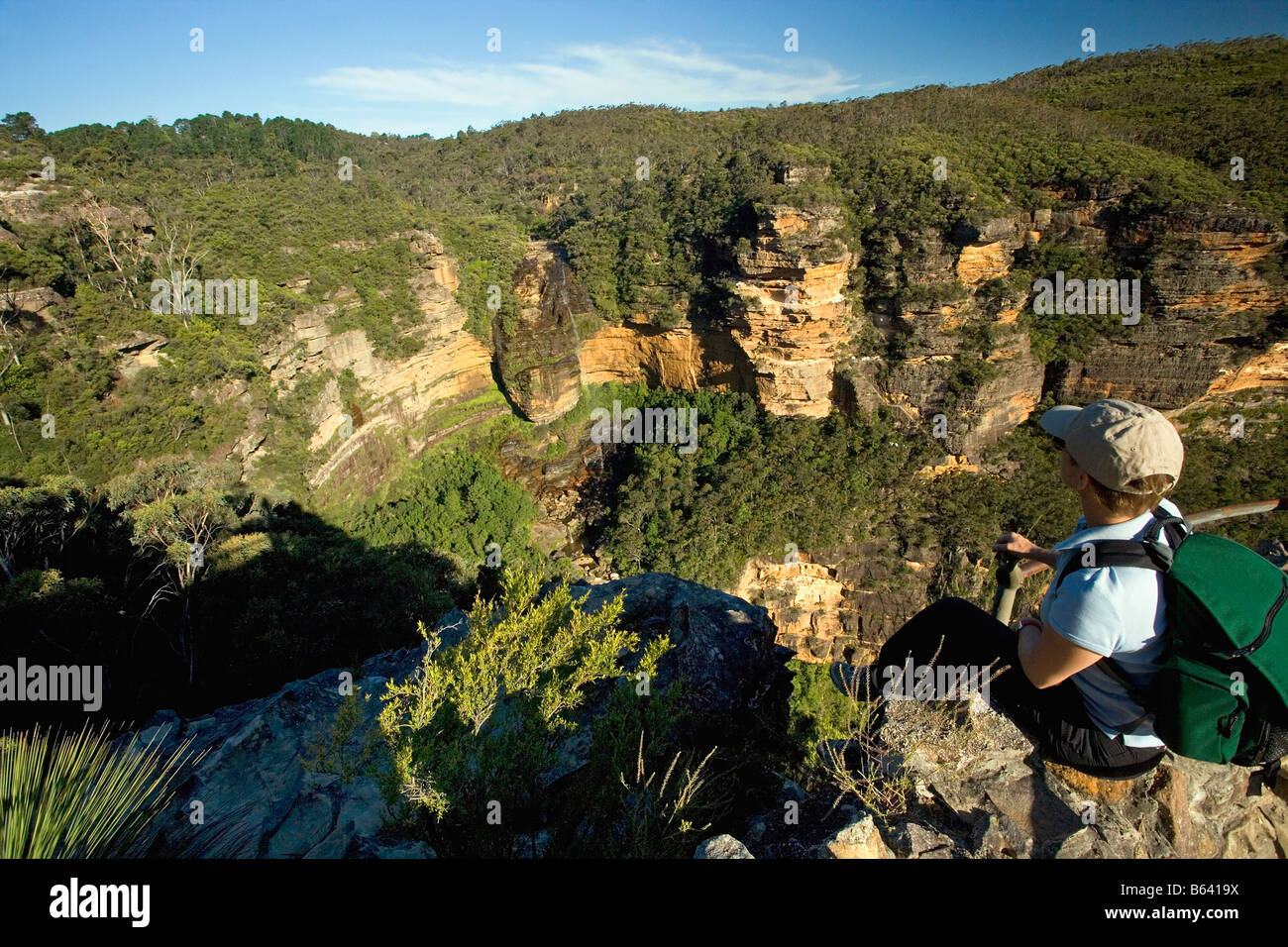 Australia. Katoomba. Blue Mountains National Park. Near Wentworth Falls.Hiker at Blue Mountains National Park. Tourist resting Stock Photo