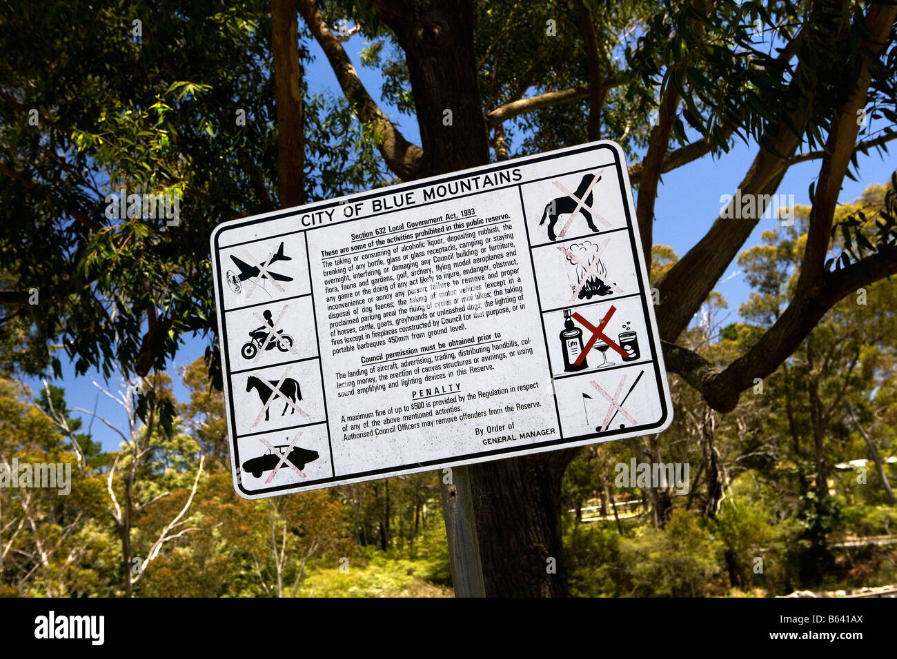 Australia. New South Wales, Katoomba, Blue Mountains National Park. Sign: What's not allowed. Stock Photo