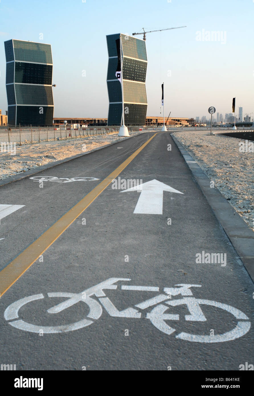 A bicycle lane in the West Bay district of Doha Qatar near the landmark