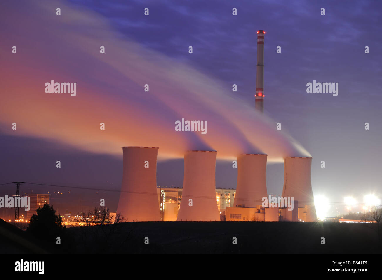 Night view on coal power station in Chvaletice, Czech Republic. Stock Photo