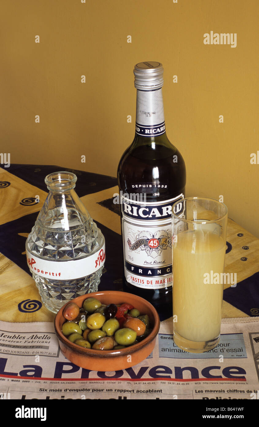 Pastis, olives and La Provence newspaper, Provence, France Stock Photo