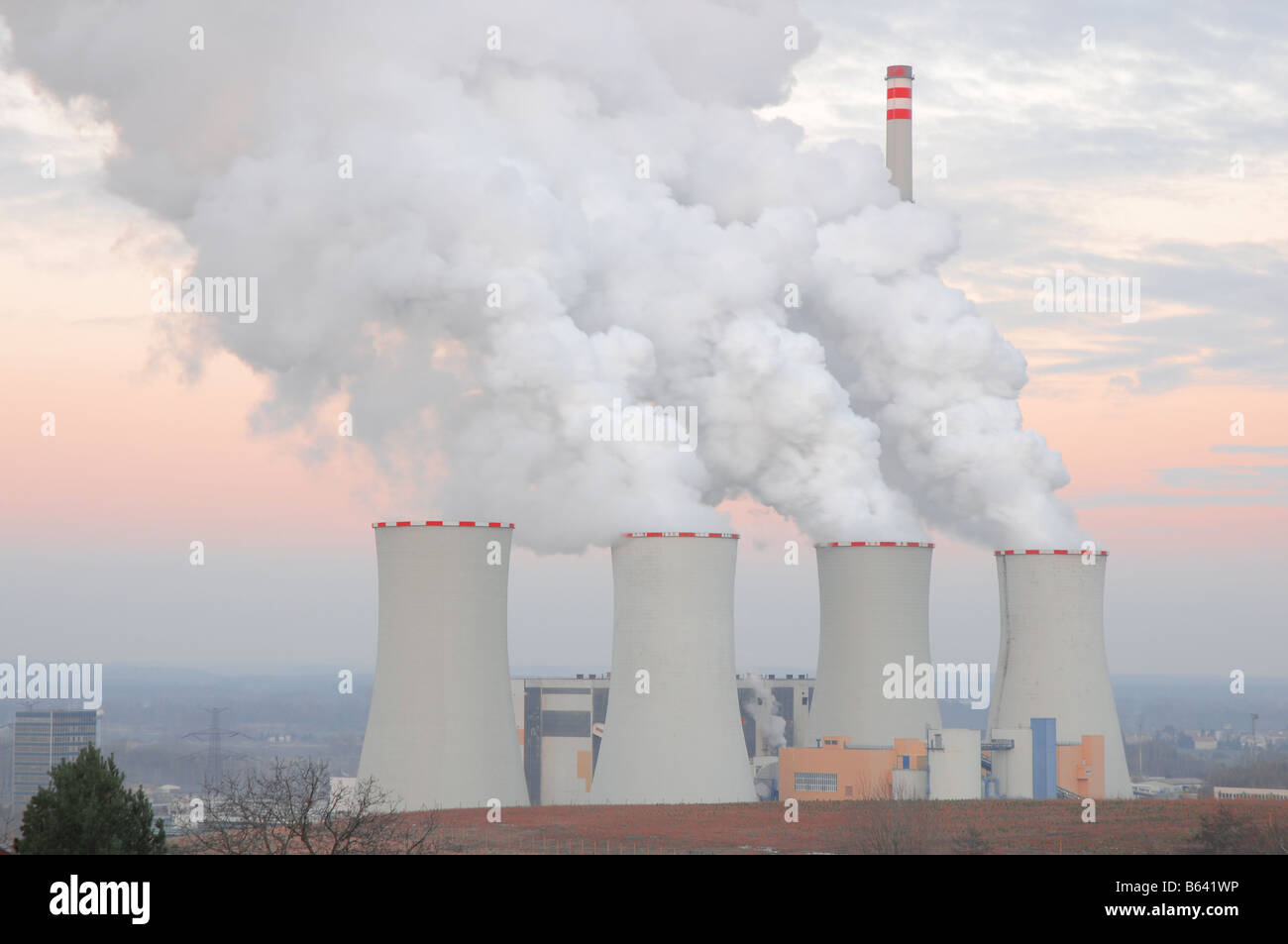 View on coal power station in Chvaletice, Czech Republic, before sunset. Stock Photo
