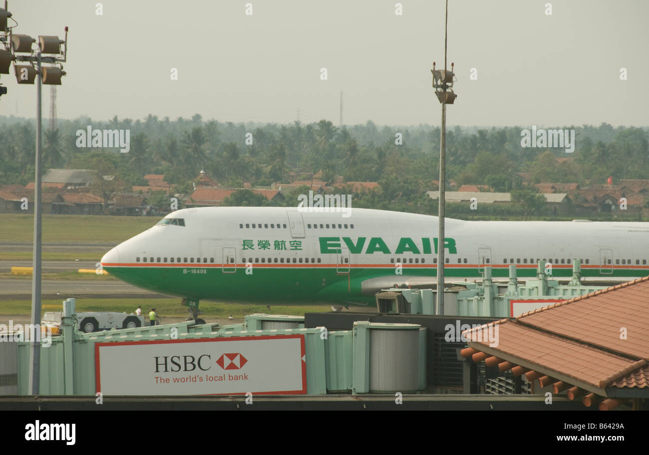 Eva airways plane at Soekarno-Hatta International Airport, Jakarta Stock Photo