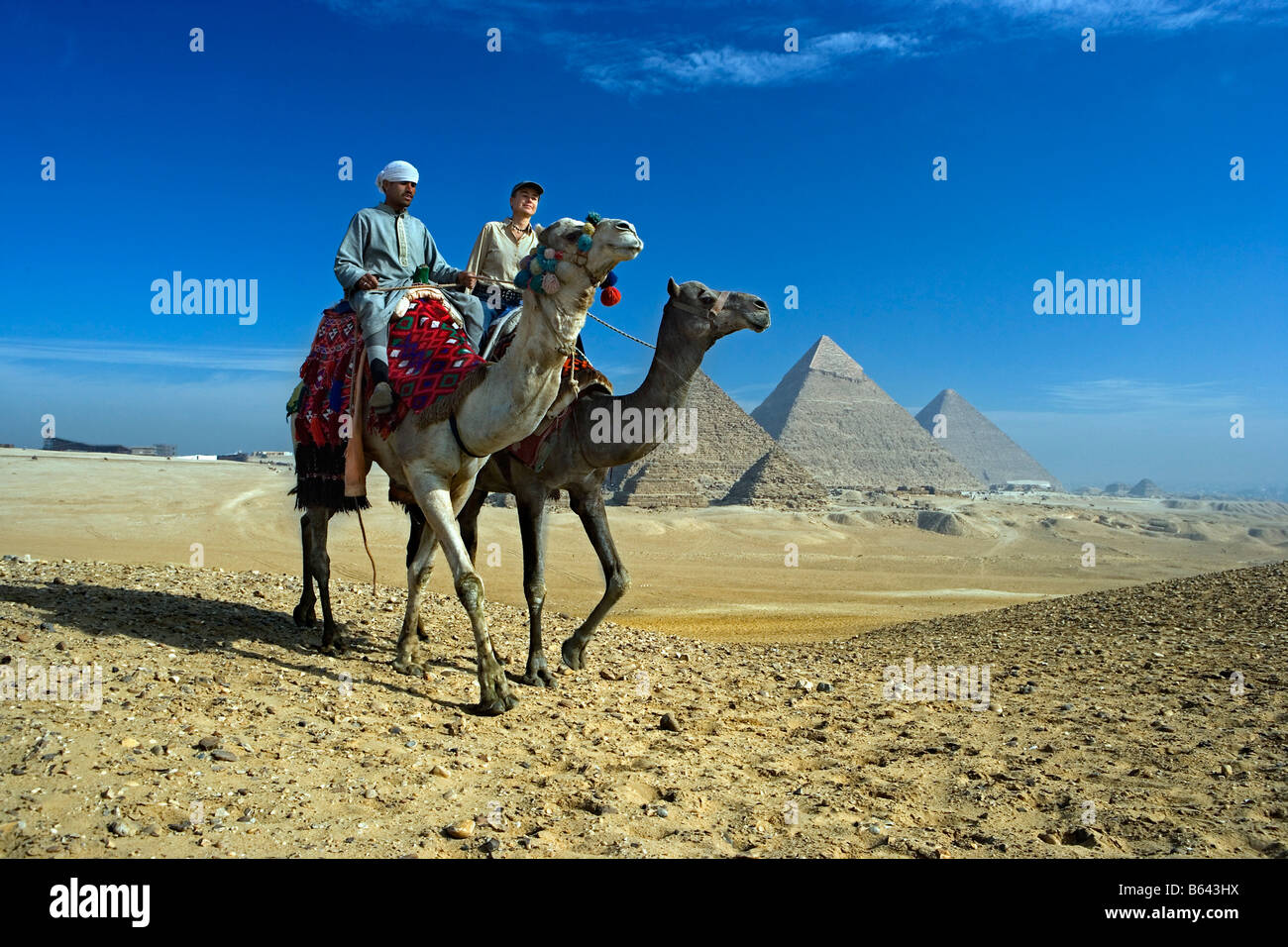 Egypt, Cairo, Pyramids at Giza (Gizeh), Man and tourist (woman) with camel. Stock Photo