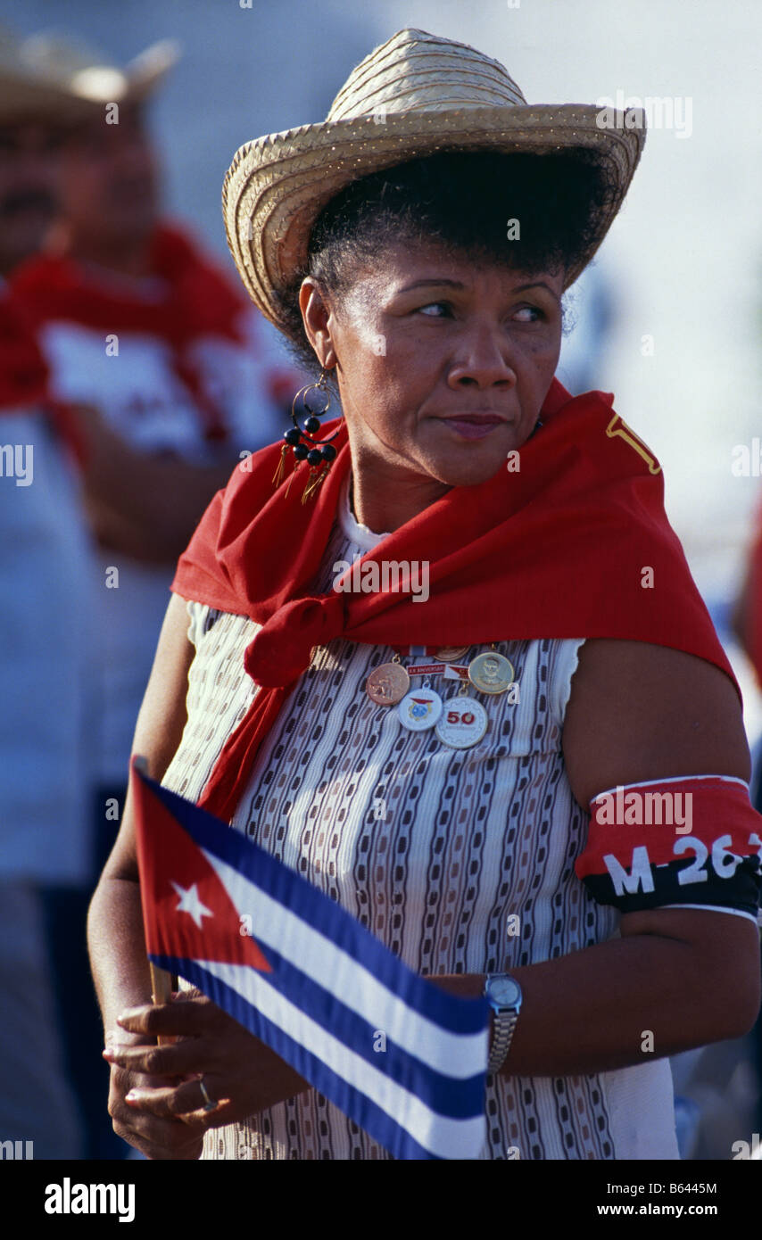 Woman and supporter of government during May Day celebrations, in Havana, Cuba 1993 Stock Photo