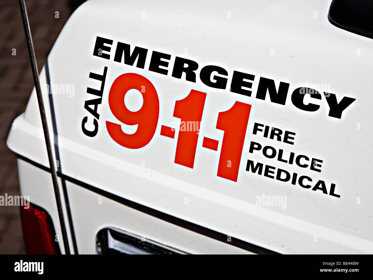 Emergency call 911 sign on USA police motorcycle Stock Photo