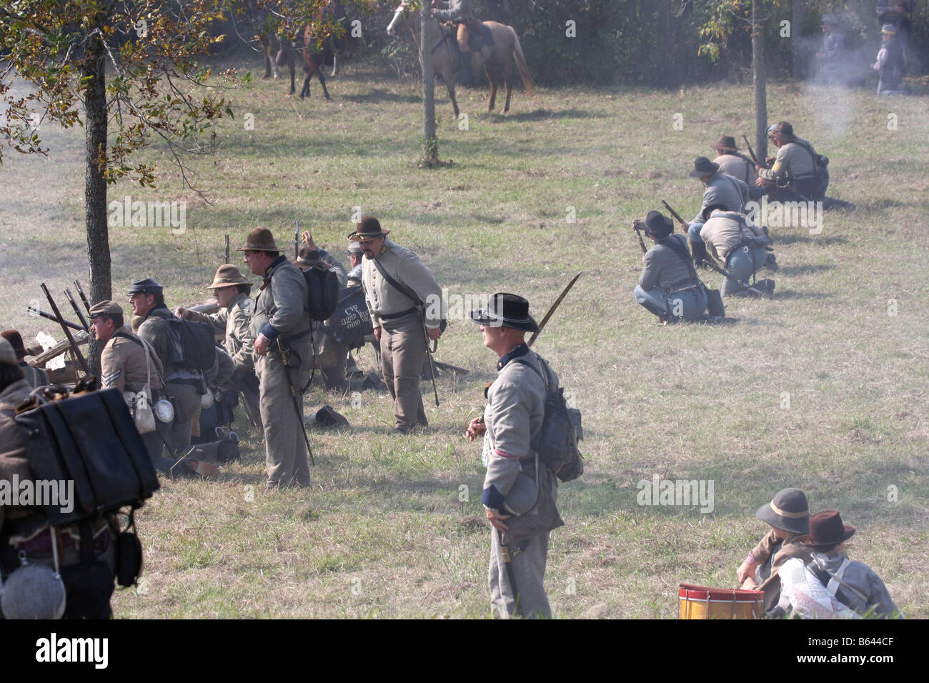 Confederate front line soldiers in battle in the Civil War reenactment at the Wade House