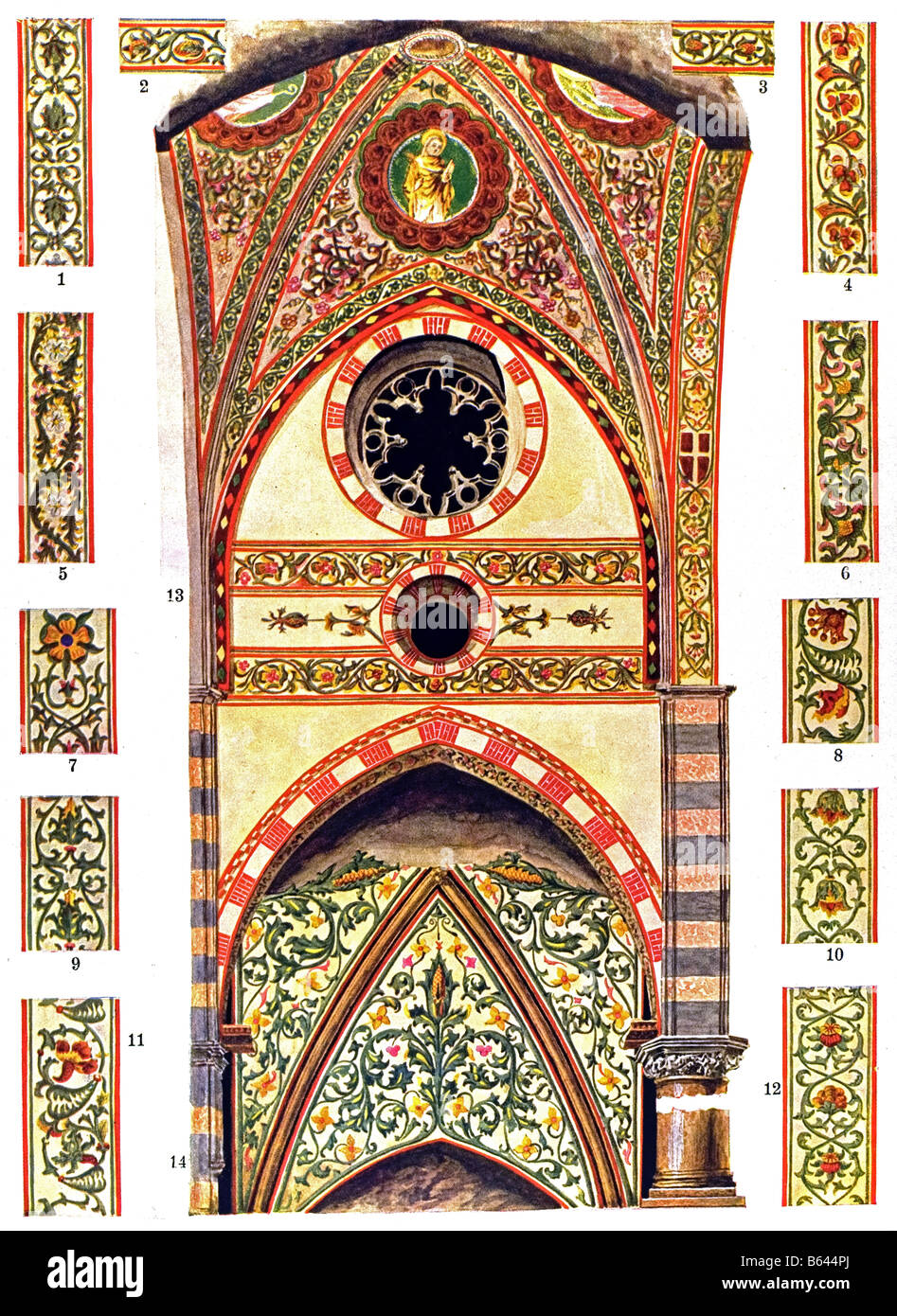 Gothic Ornament in Italy, Wall Paintings in the 14. century. Stock Photo