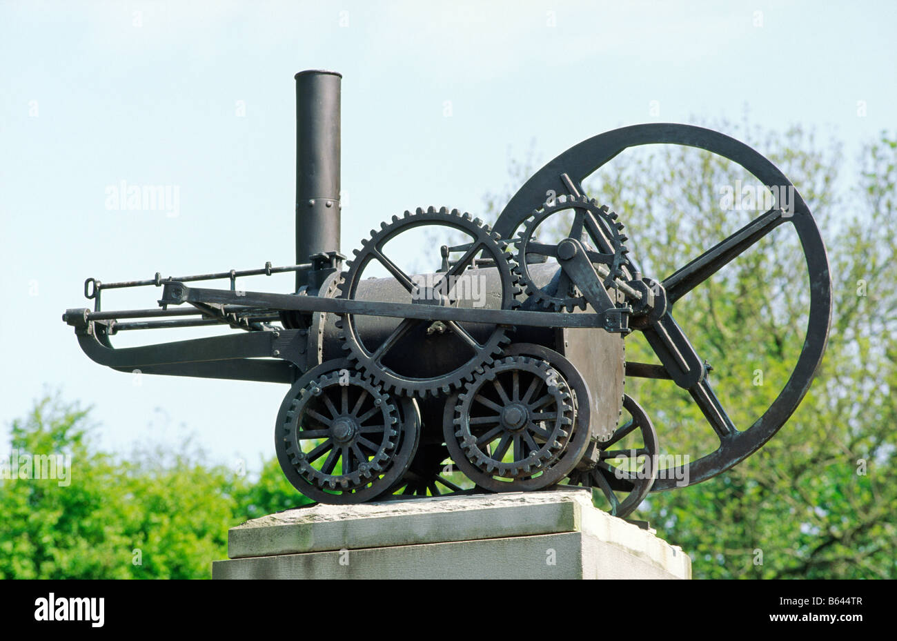 Merthyr Tydfil, Wales, UK. Replica of first steam engine track locomotive. Designed by Trevithick for Penydarren ironworks Stock Photo