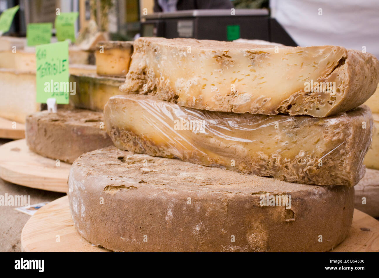 Very ripe cheeses at the festival market in Dogliani CN Piemonte Italy