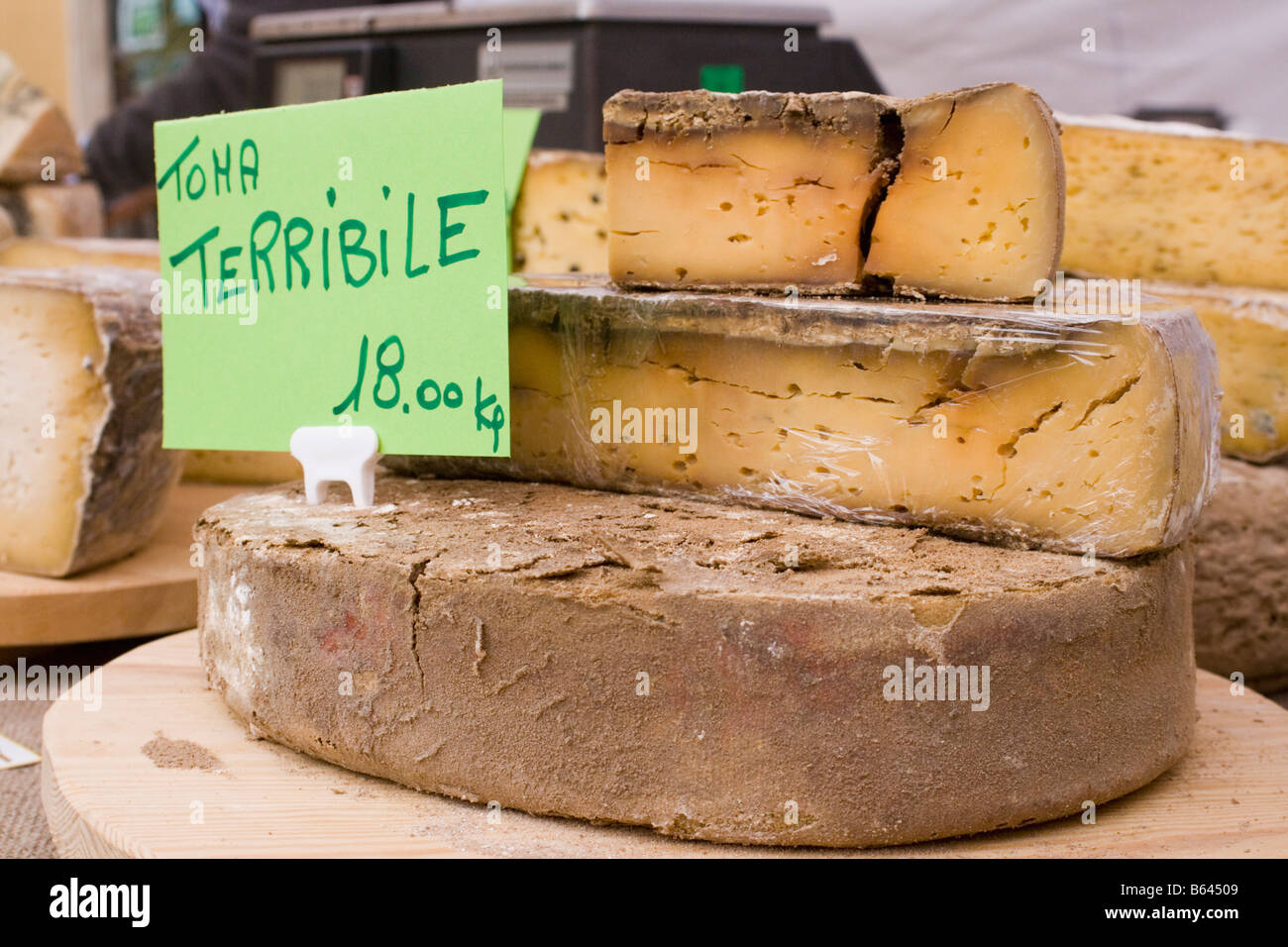 Very ripe cheeses at the festival market in Dogliani CN Piemonte Italy