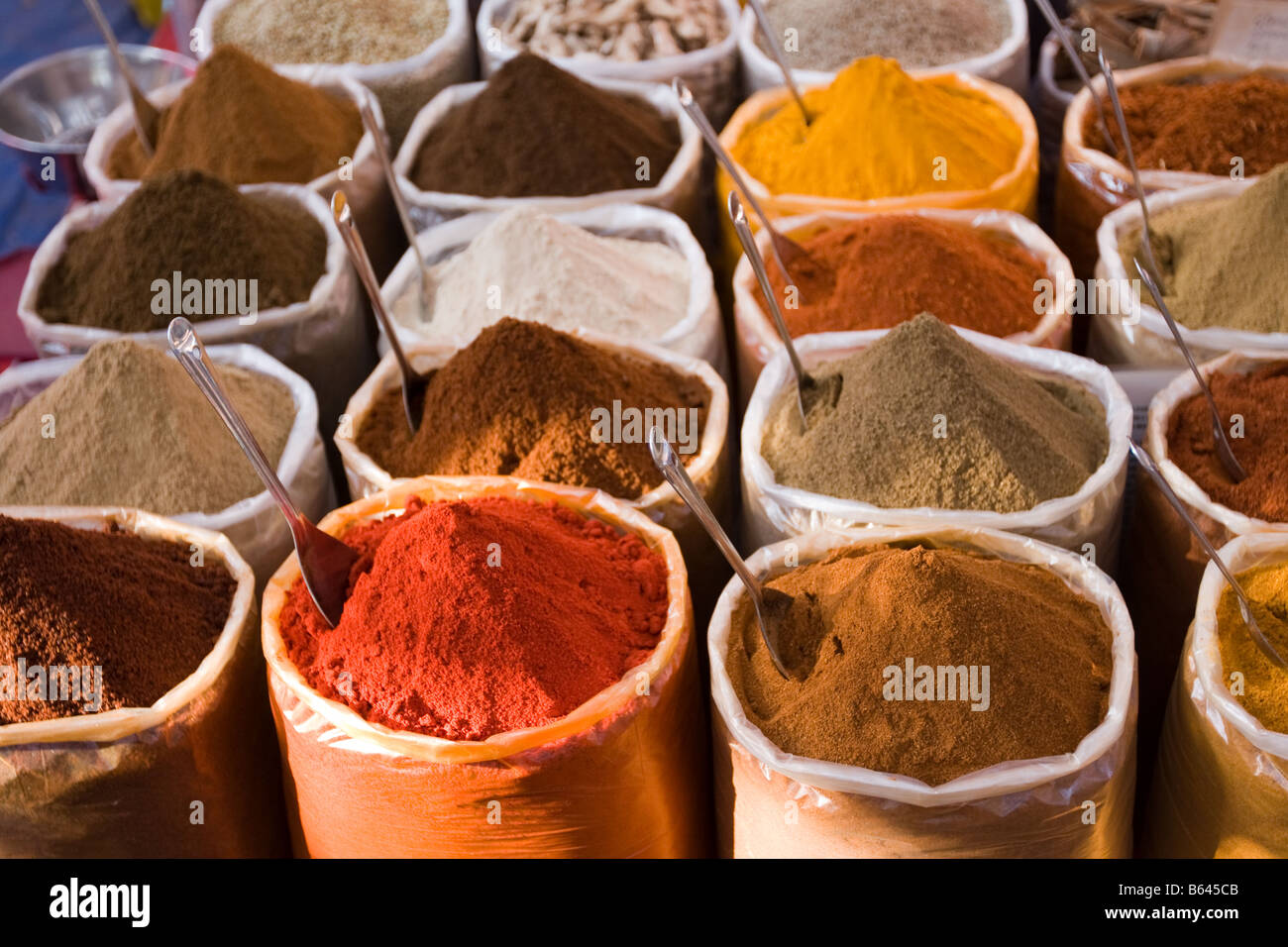 Spices used in cooking authentic Asian food on sale at a market in India Stock Photo