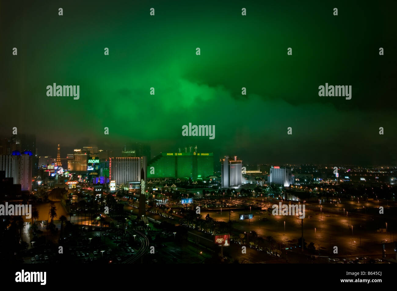View of Las Vegas strip at night with winter storm from Mandalay Bay hotel room Stock Photo