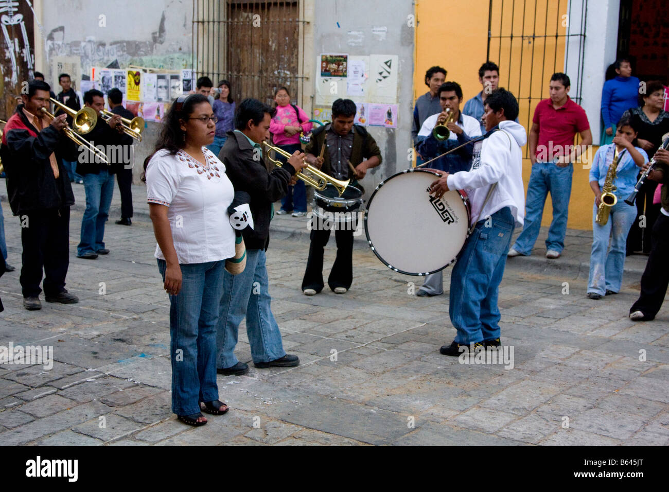 Oaxaca, Mexico. Day of the Dead. Street Orchestra Playing for a Children's Parade, Procession, Comparsa, in Memory of the Dead. Stock Photo