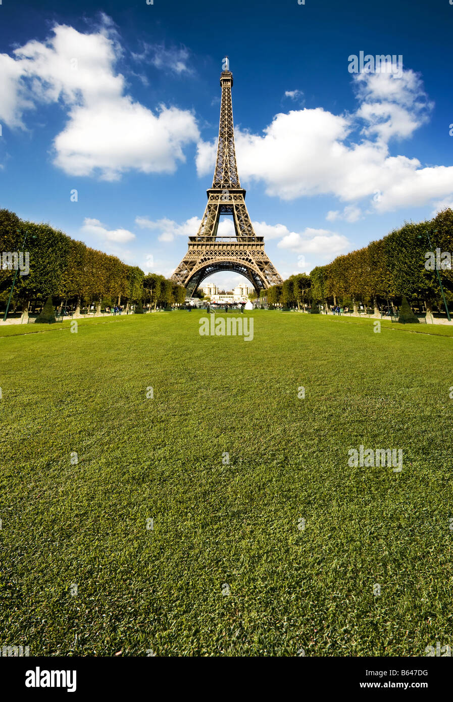 Beautiful photo of the Eiffel tower in Paris with gorgeous colors and wide angle central perspective Lots of copy space grass Stock Photo
