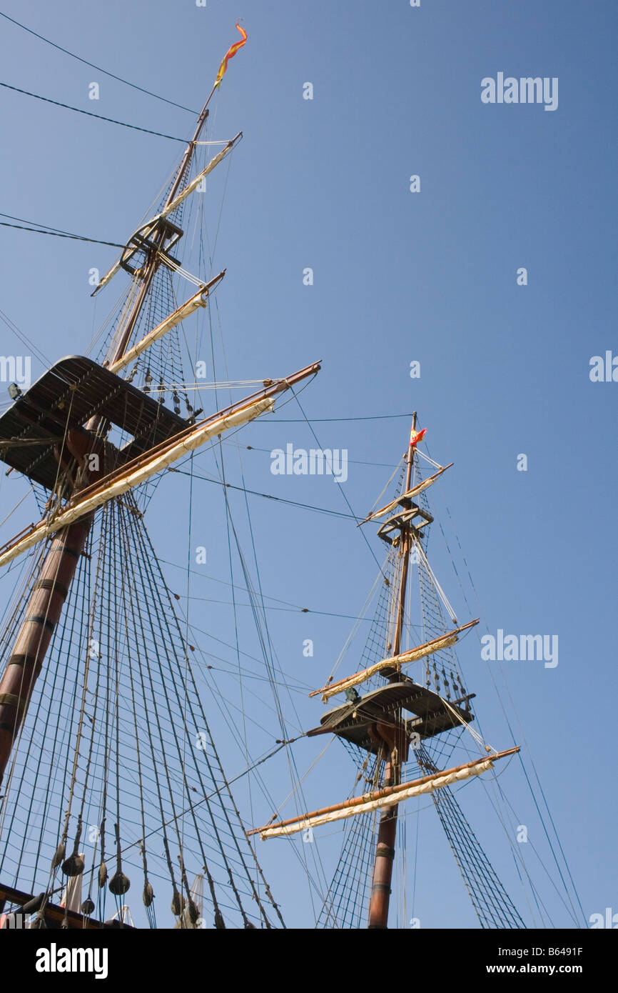 Malaga Costa del Sol Spain Masts and rigging on replica of the Santisima Trinidad at anchor in Malaga port Stock Photo