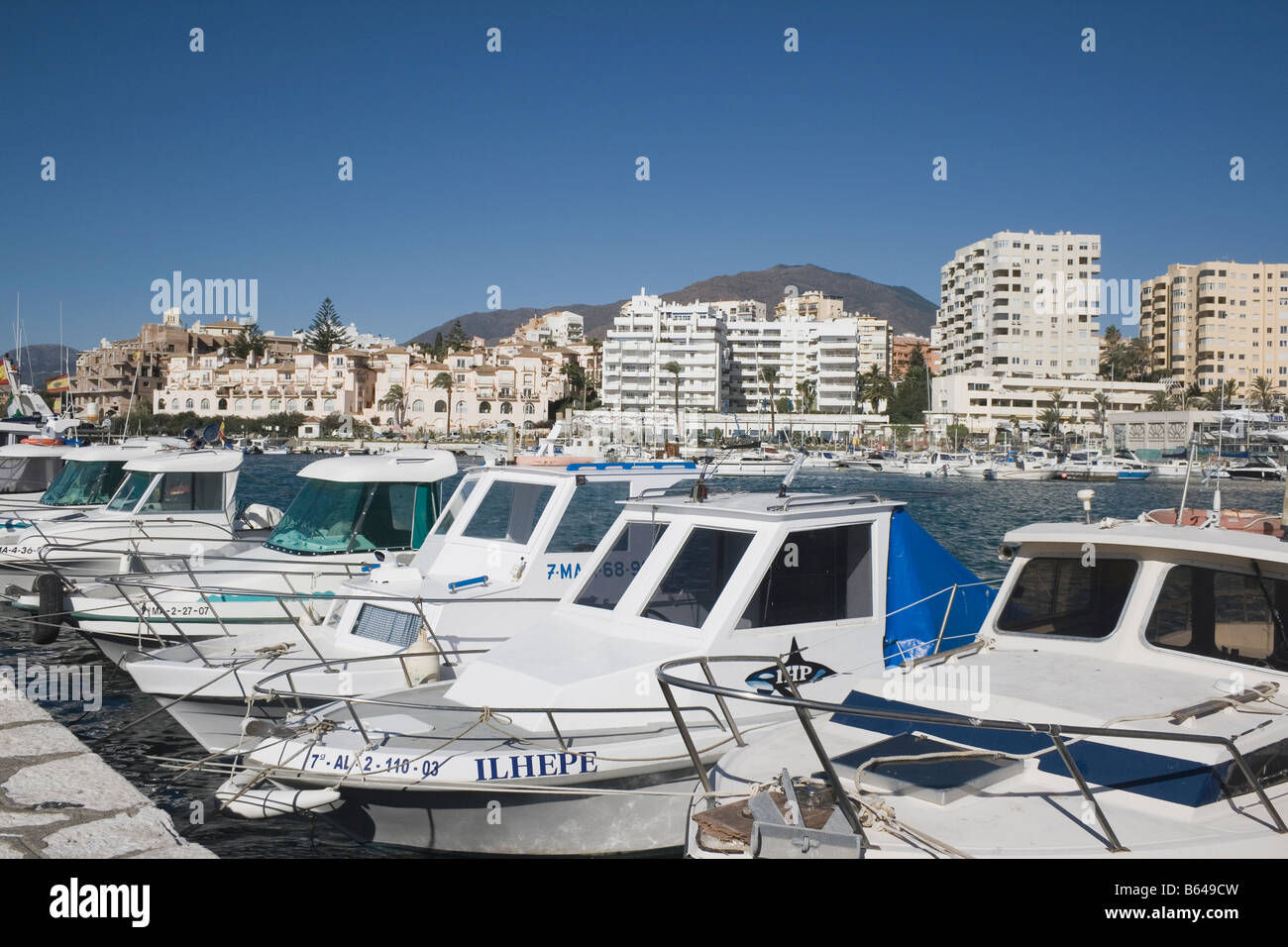 Estepona Costa del Sol Malaga Province Spain Boats at anchor in port Stock Photo