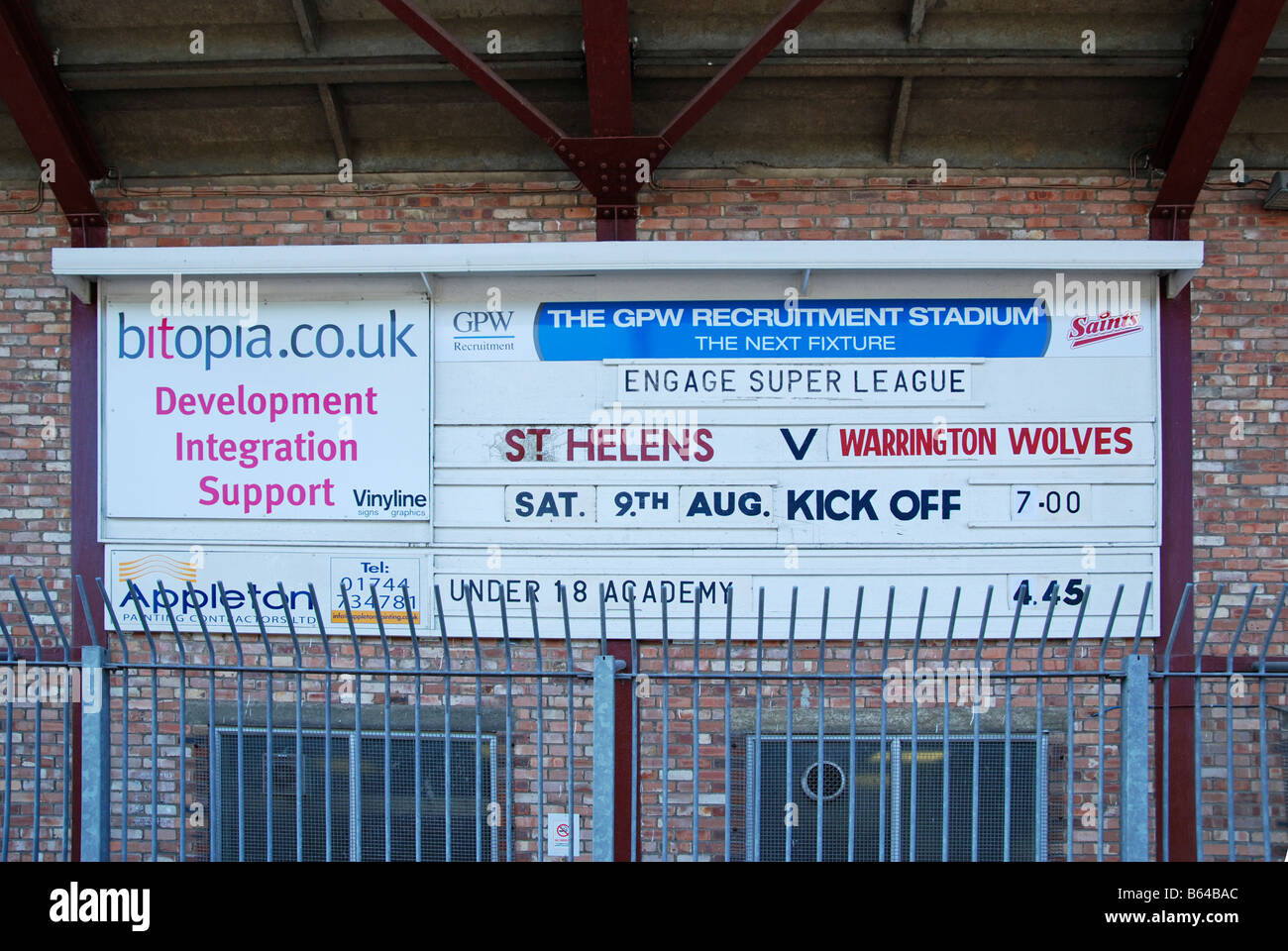 a billboard advertising the next rugby match at knowsley road, the home of st.helens rugby league club Stock Photo