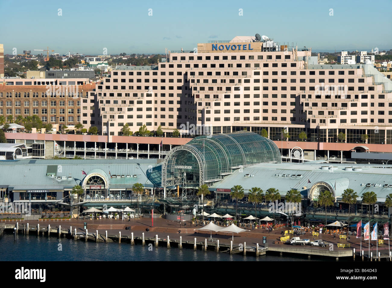Sydney Australia. Novotel Hotel and Harbourside Shopping Mall and restaurants on Cockle Bay, Darling Harbour. Stock Photo