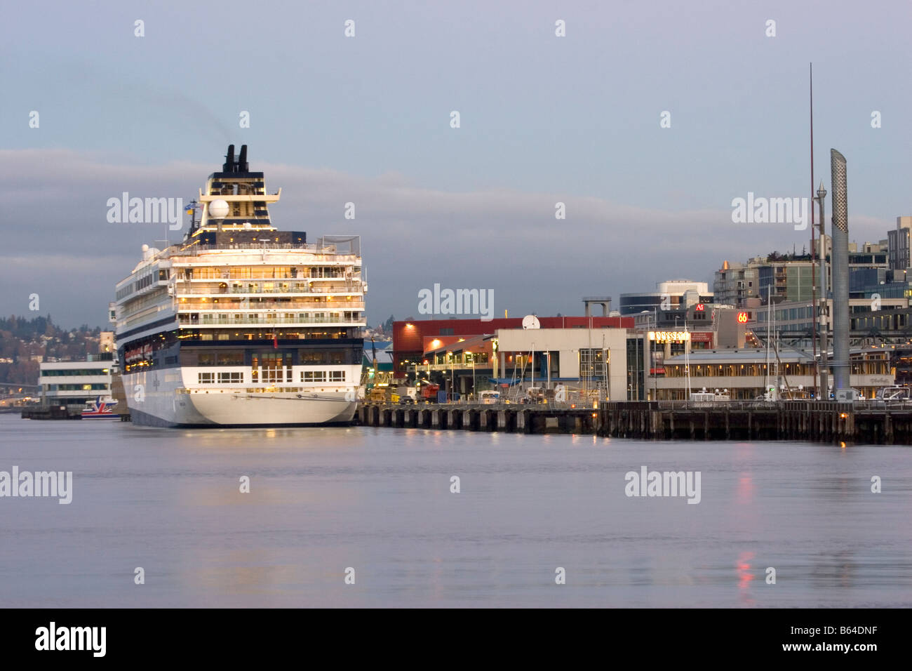 A docked cruise ship along the Seattle waterfront Seattle Washington Stock Photo