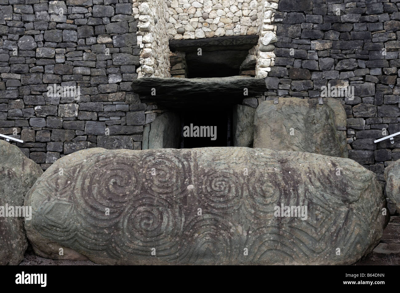 Detail closeup close up of the lightbox entrance stone and door Newgrange passage tomb winter solstice county meath ireland Stock Photo