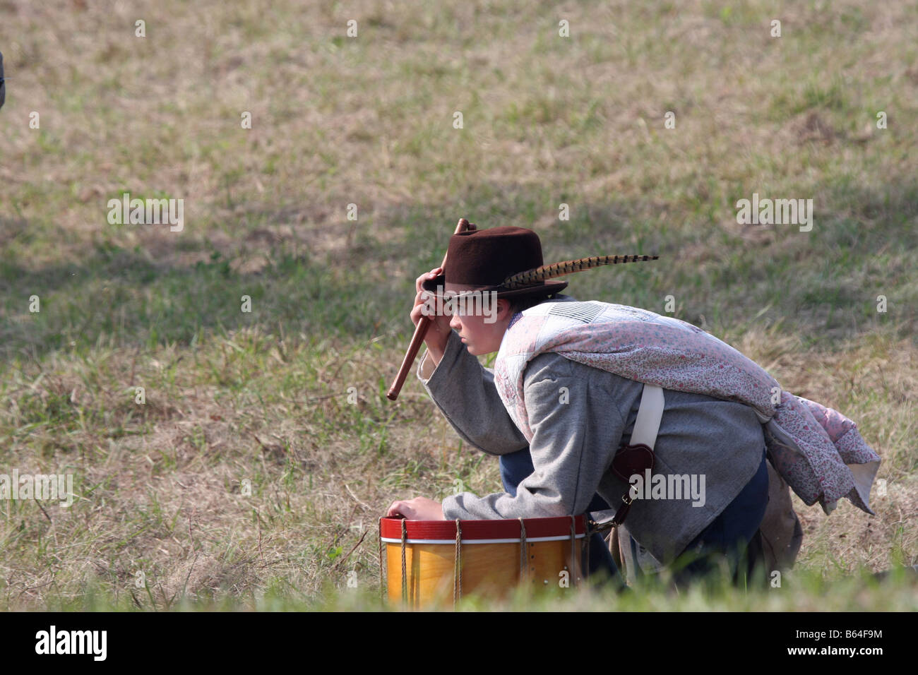 Drummer boy in battle in the Civil War reenactment at the Wade House Greenbush Wisconsin Stock Photo