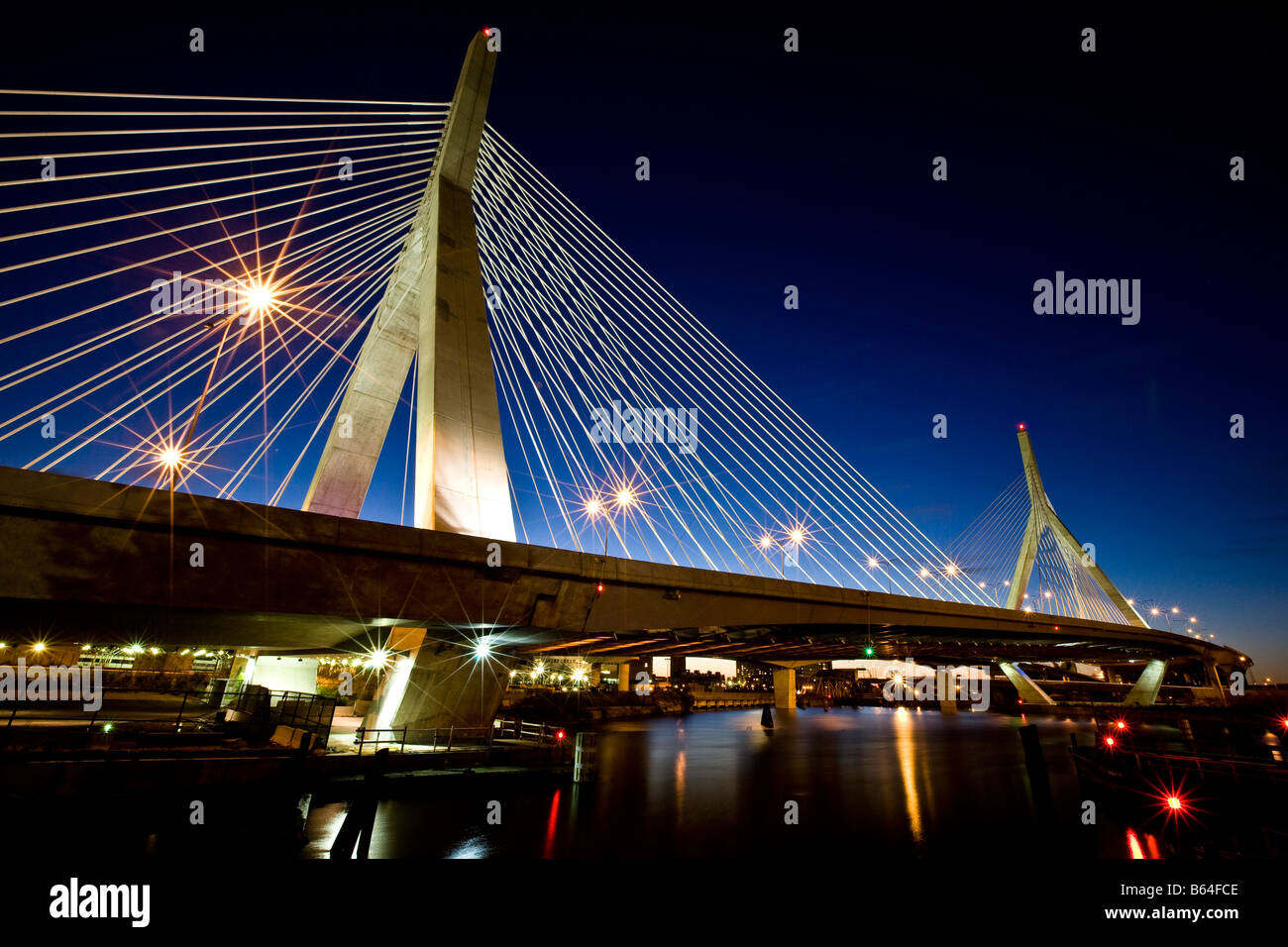 Boston Massachusetts Zakim Bridge at nighttime, or sunset Stock Photo