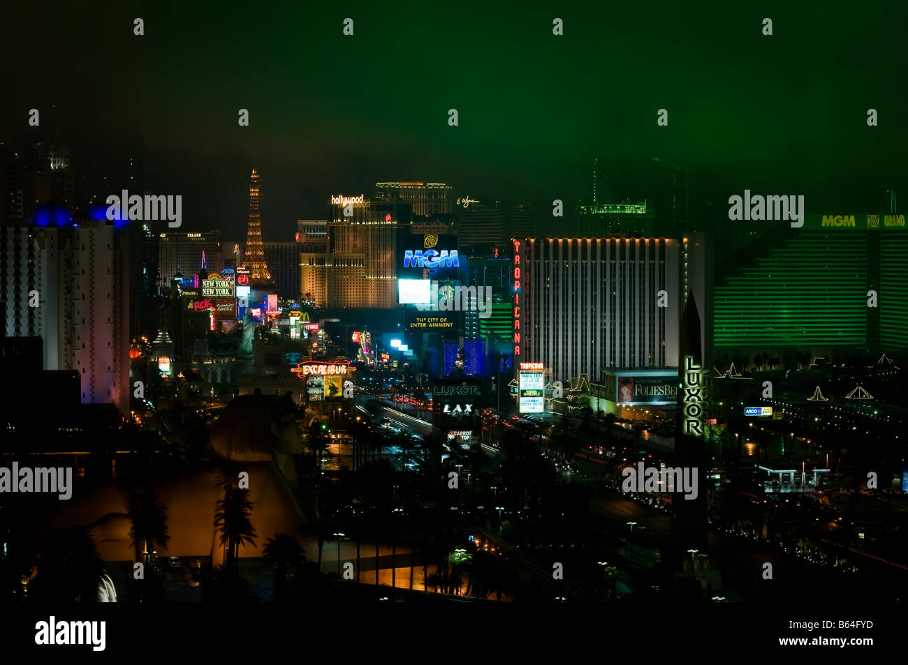 View of Las Vegas strip at night with winter storm from Mandalay Bay hotel room Stock Photo