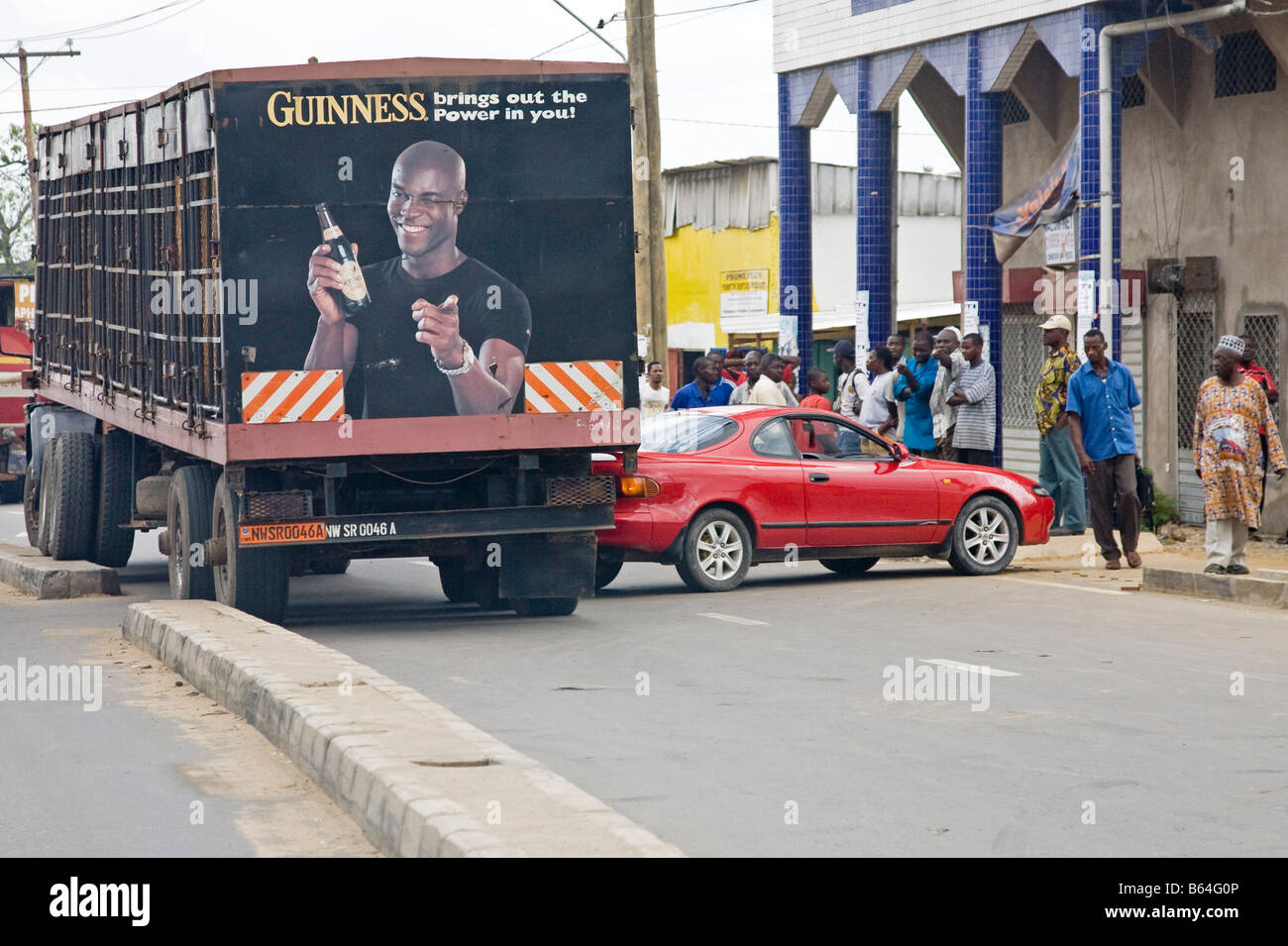 Traffic accident with Guinness truck and car, Douala, Cameroon, Africa
