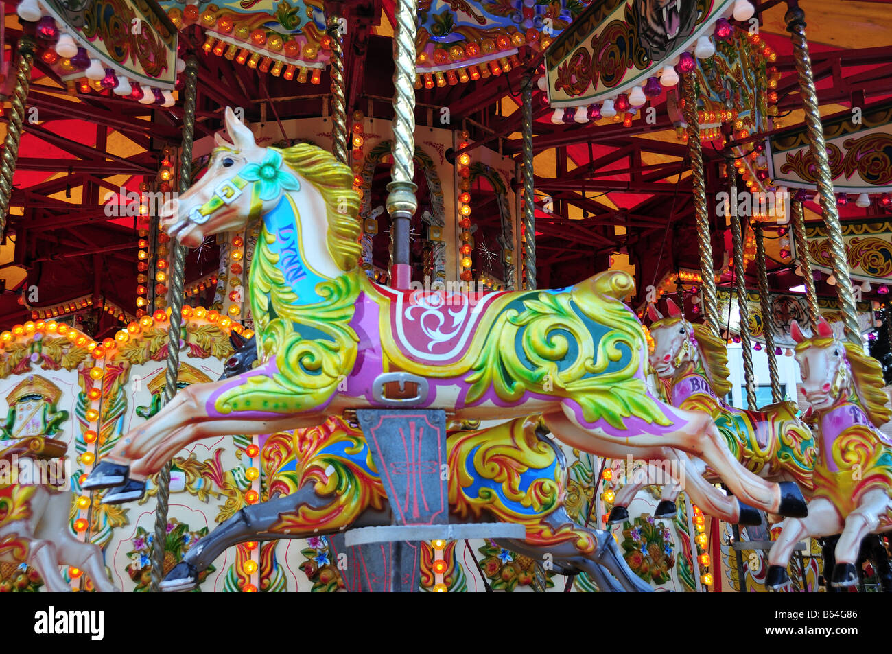 Brightly painted Fairground Carousel Horse Stock Photo