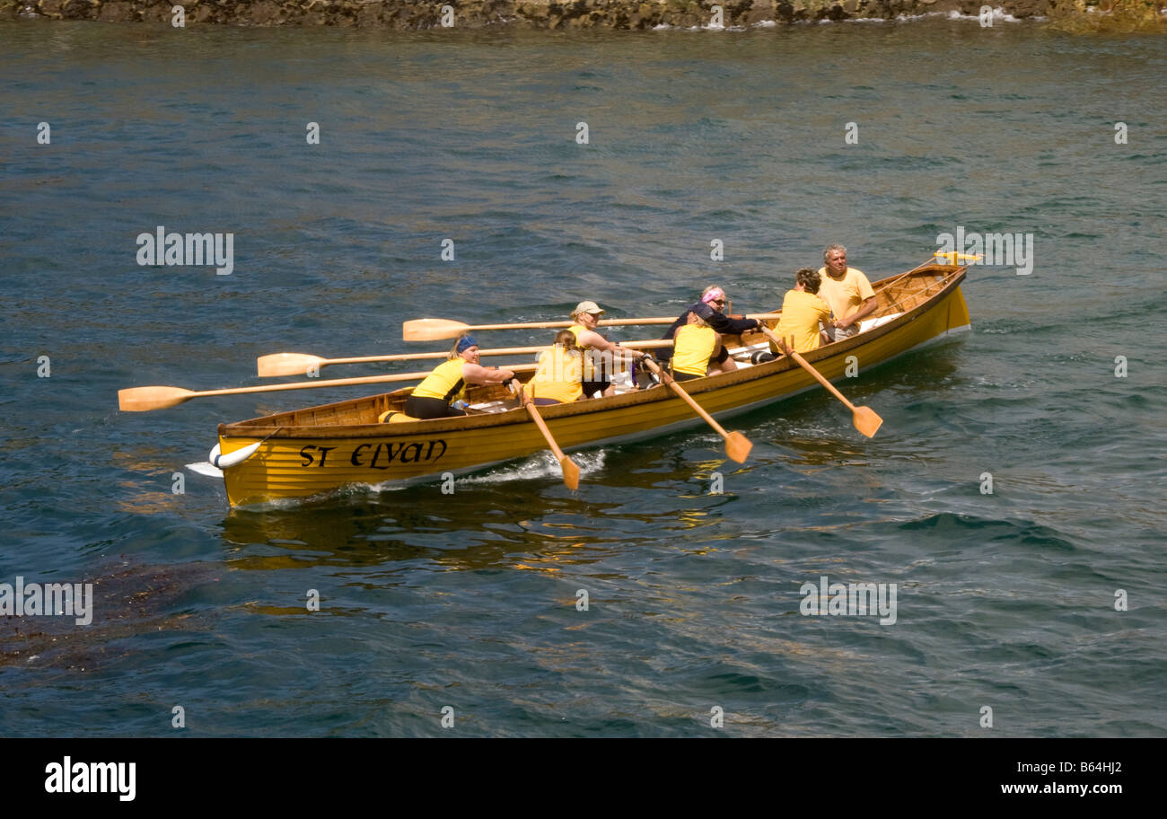 A Cornish pilot gig at the harbour of Porthleven during a gig-race, Cornwall, England, Great Britain, United Kingdom. Stock Photo